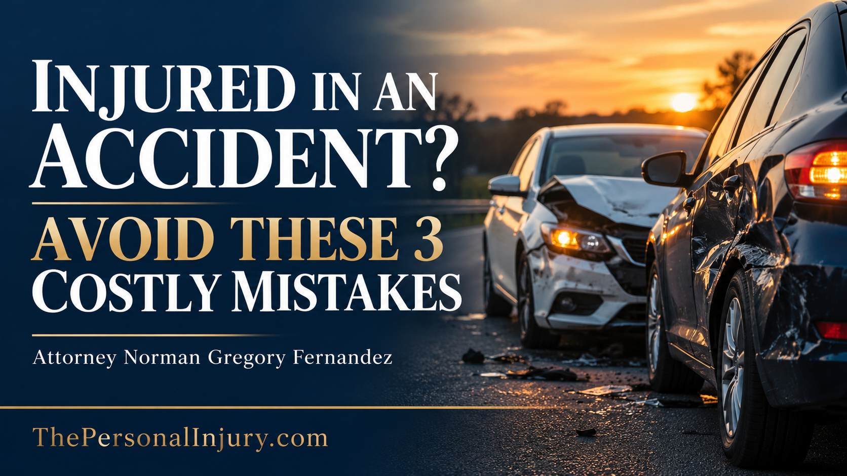 Injured in an Accident? Avoid These Three Costly Mistakes Two damaged vehicles beside the headline “Injured in an Accident? Avoid These 3 Costly Mistakes” and attorney Norman Gregory Fernandez’s name