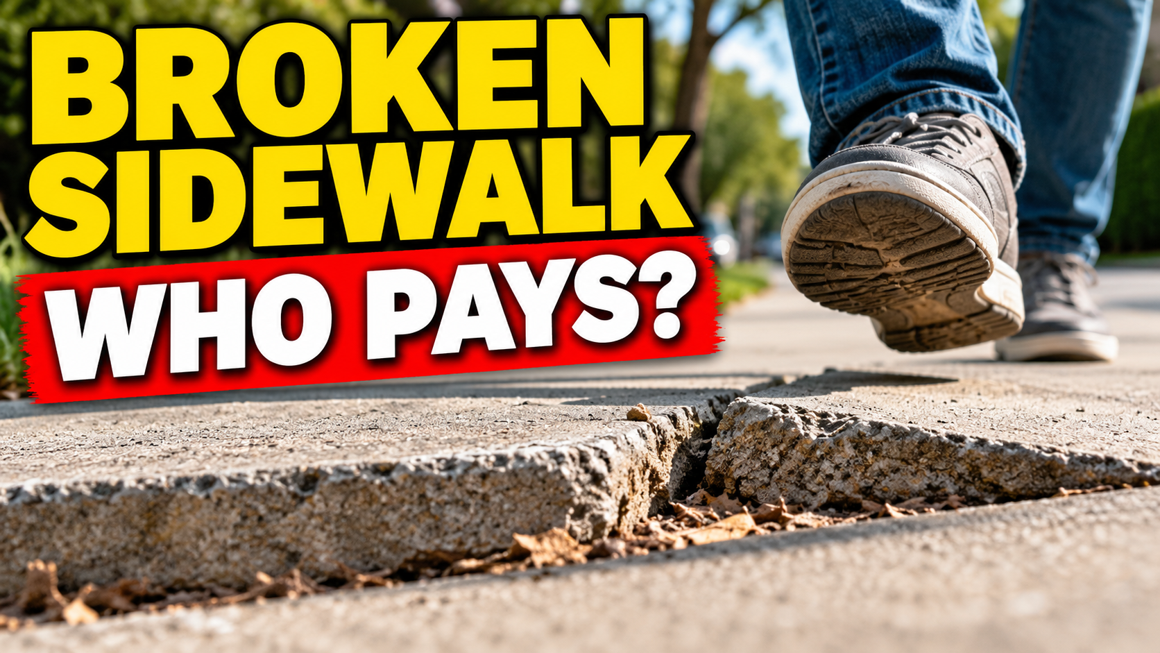 Broken Sidewalk Accident in California – Who Is Responsible? Raised and broken concrete sidewalk creating a trip-and-fall hazard in California, with a pedestrian approaching the dangerous surface.