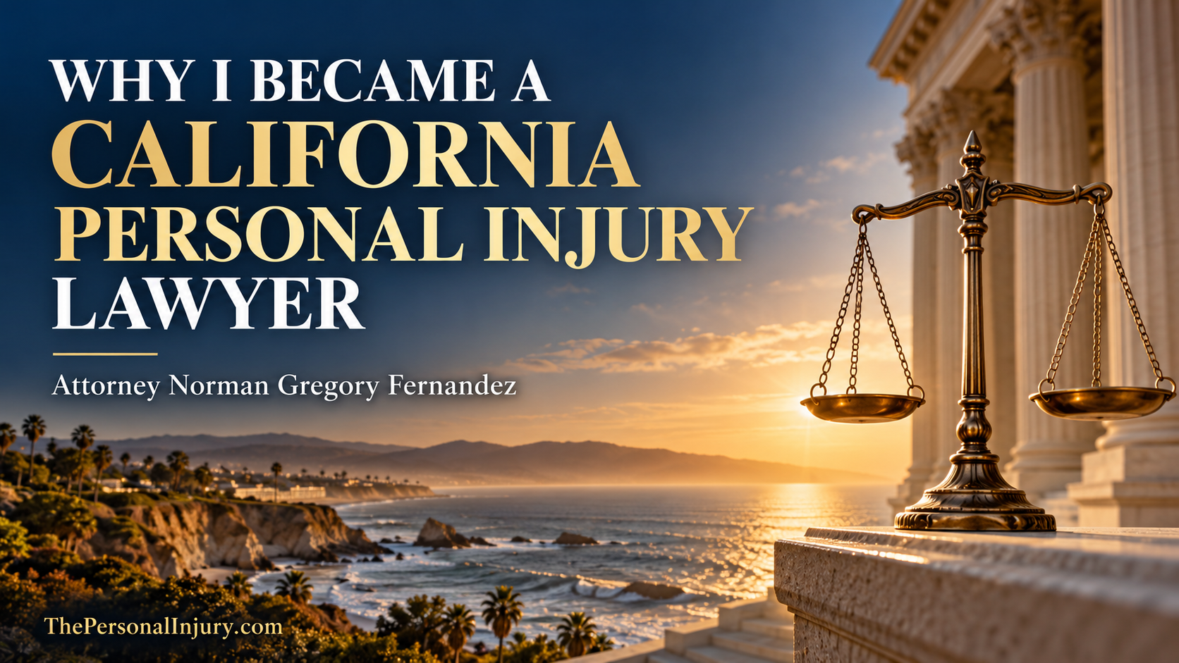 Why I Became a California Personal Injury Lawyer – Norman Gregory Fernandez Why I Became a California Personal Injury Lawyer, Attorney Norman Gregory Fernandez, with scales of justice and a coastal courthouse scene