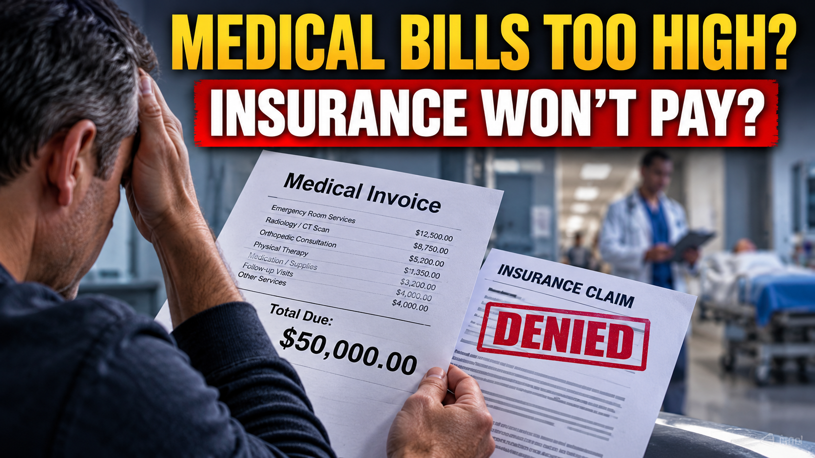 Medical Bills and Denied Claims Large medical bill beside a denied insurance claim illustrating disputed accident-related medical expenses in California