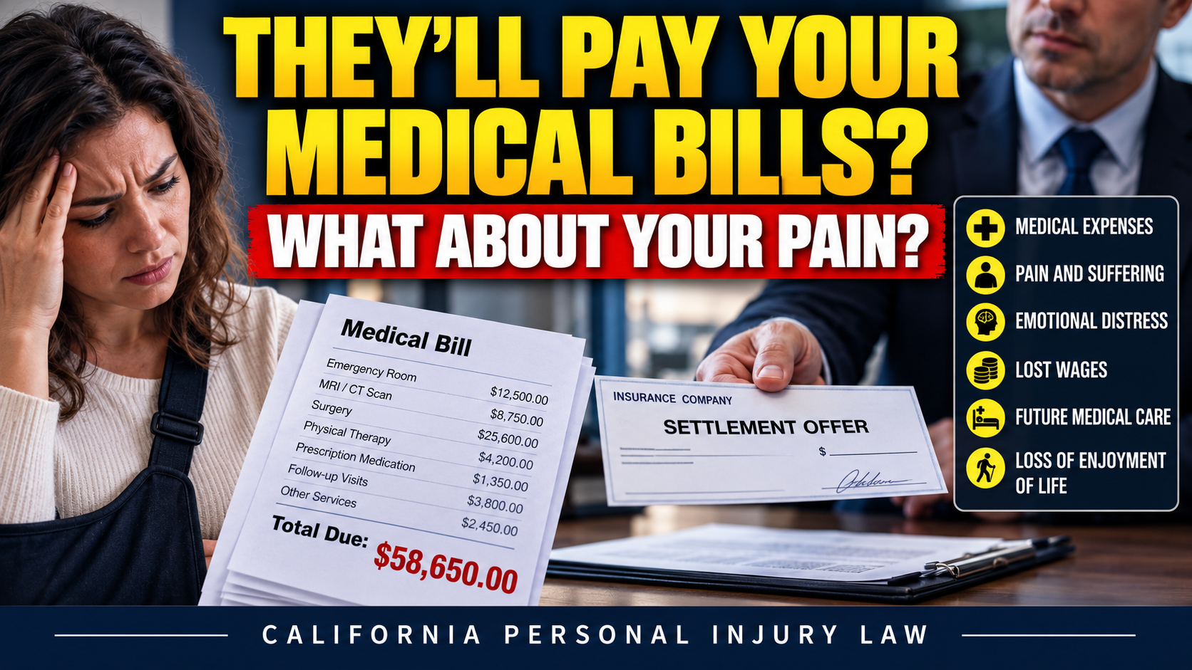 Medical Bills and Pain and Suffering – California Personal Injury Settlements Injured woman holding medical bills as an insurance representative offers a settlement, illustrating pain and suffering compensation in California.