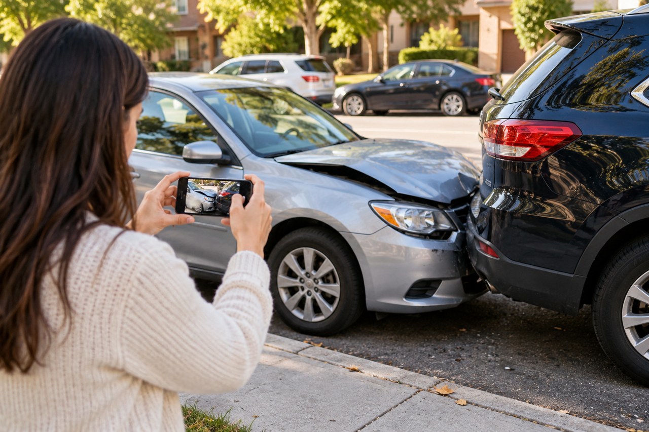 What to Do After a Car Accident in California Driver photographing vehicle damage from a safe sidewalk