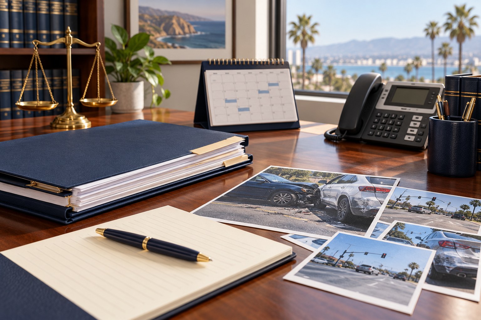 An organized new client file and accident photographs on an attorney desk.