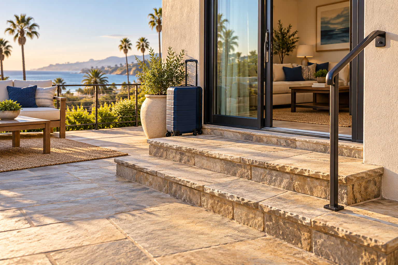 California Vacation Rental Injury Illustration of stone steps and a handrail at a California vacation rental patio