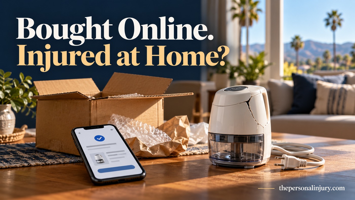 Amazon Product Injury Evidence in California Damaged unplugged household appliance beside delivery packaging and an online order on a phone