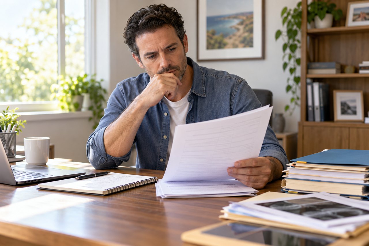 Illustration of a client carefully reviewing written discovery questions and supporting records