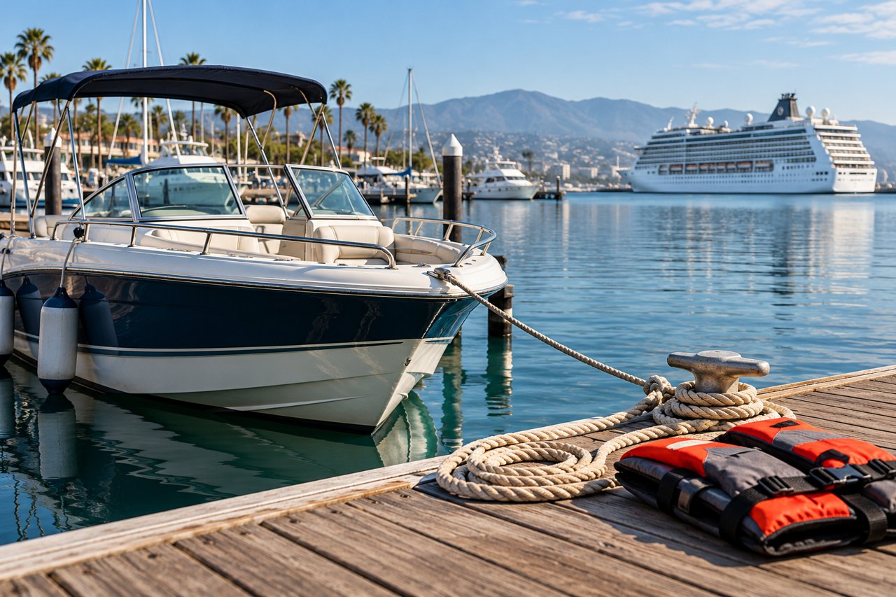 Motorboat moored beside a dock with life jackets and a cruise ship in the harbor