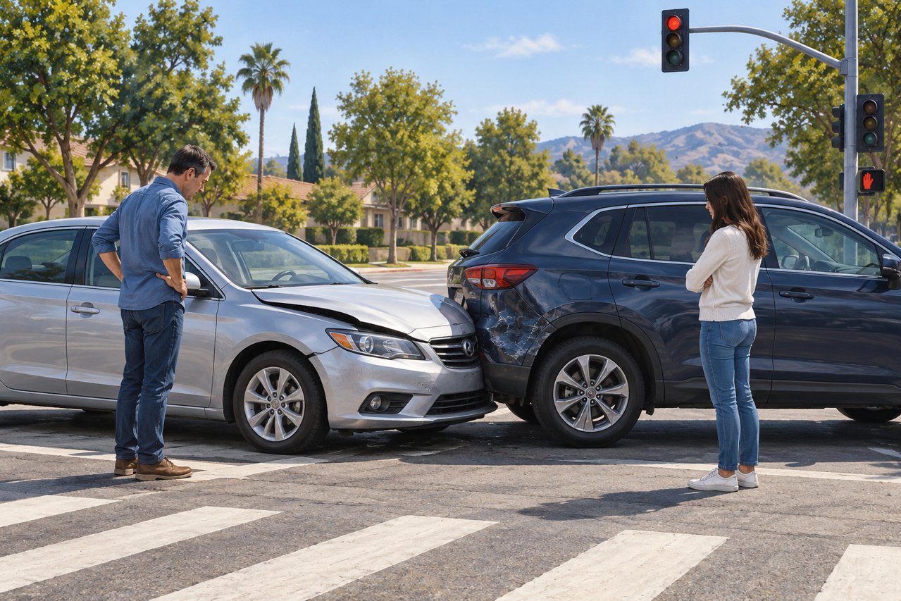 California Comparative Negligence and Shared Fault Illustration of two drivers beside vehicles after a collision at a California intersection