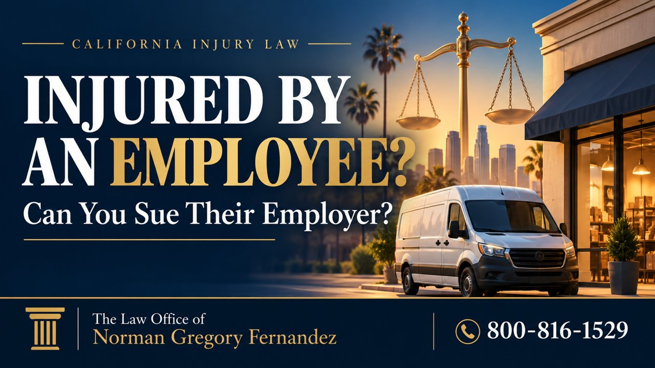 Injured by an Employee? California Employer Liability Delivery van, storefront, and scales of justice illustrating California employer liability for employee injuries.