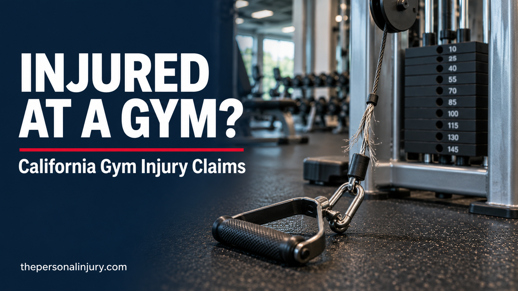 California Gym Injury Claims – Broken Exercise Equipment Frayed cable and exercise machine handle beside a gym weight stack, with text reading “Injured at a Gym?”