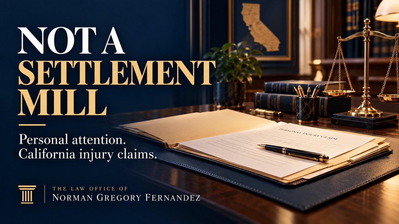 Not a Settlement Mill — California Personal Injury Representation Illustrated case folder and scales of justice with the headline “Not a Settlement Mill” for California injury claims.