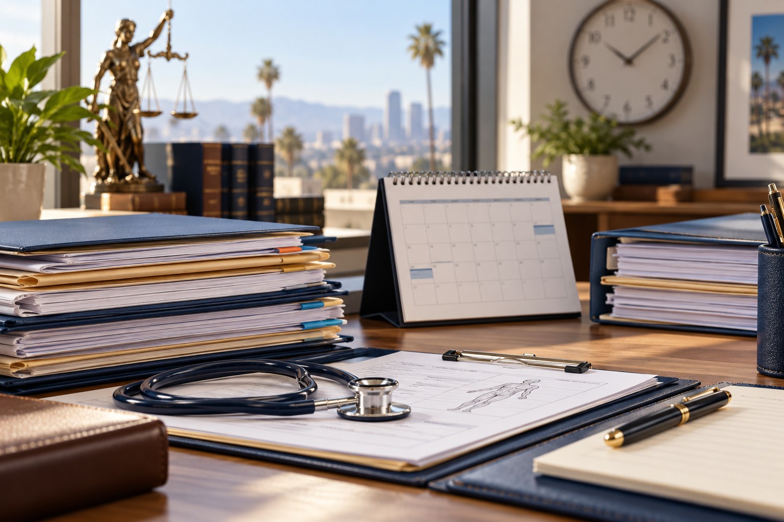 How Long Does a California Injury Case Take? Calendar, clock and organized medical records on a legal desk.
