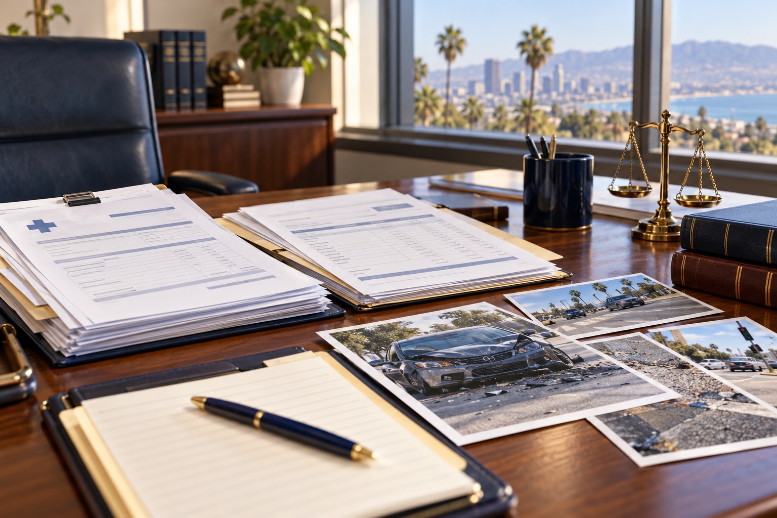 Medical invoices, wage records and accident photographs organized on a legal desk.