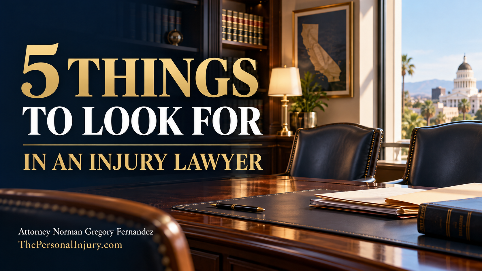 Choosing a California Personal Injury Lawyer — Five Things to Look For Law office illustration with the headline “5 things to look for in an injury lawyer” and attorney Norman Gregory Fernandez’s name