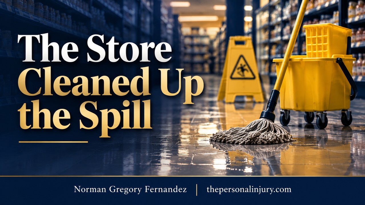 The Store Cleaned Up the Spill: California Fall Evidence Mop, yellow bucket and caution sign on a wet store floor, with the headline The Store Cleaned Up the Spill