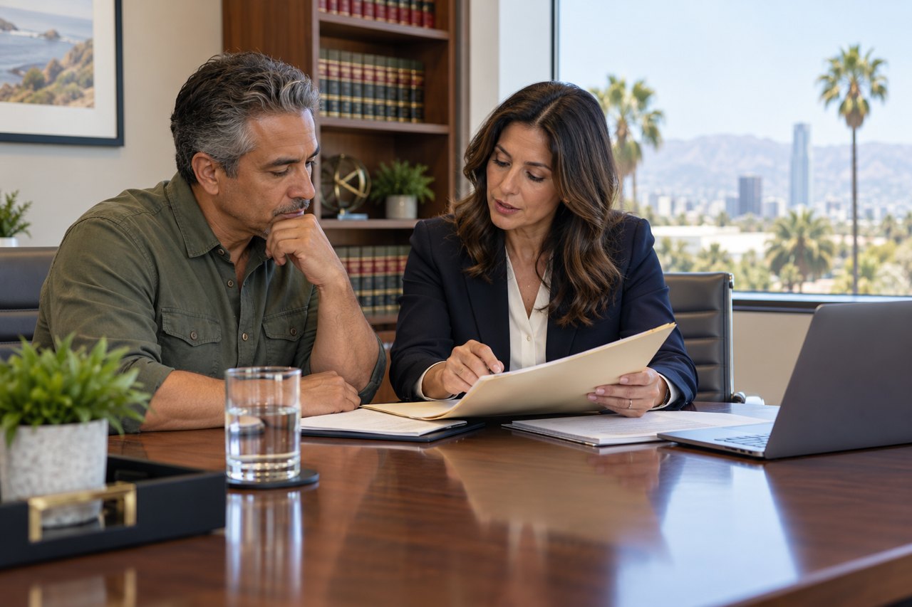Illustration of an injury client reviewing records with an attorney before a deposition