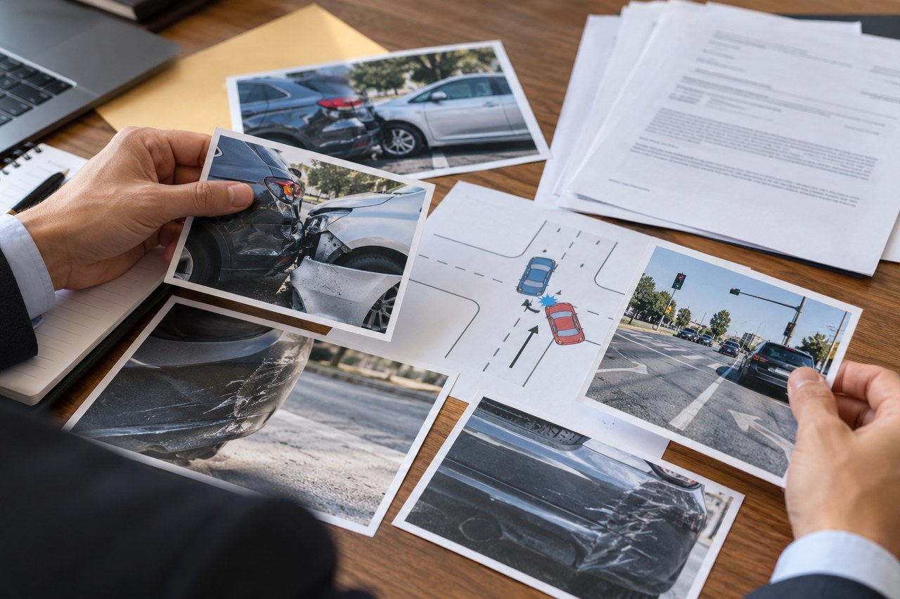 Insurance Says You’re at Fault? California Accident Evidence Collision photographs and a road diagram used to examine disputed fault