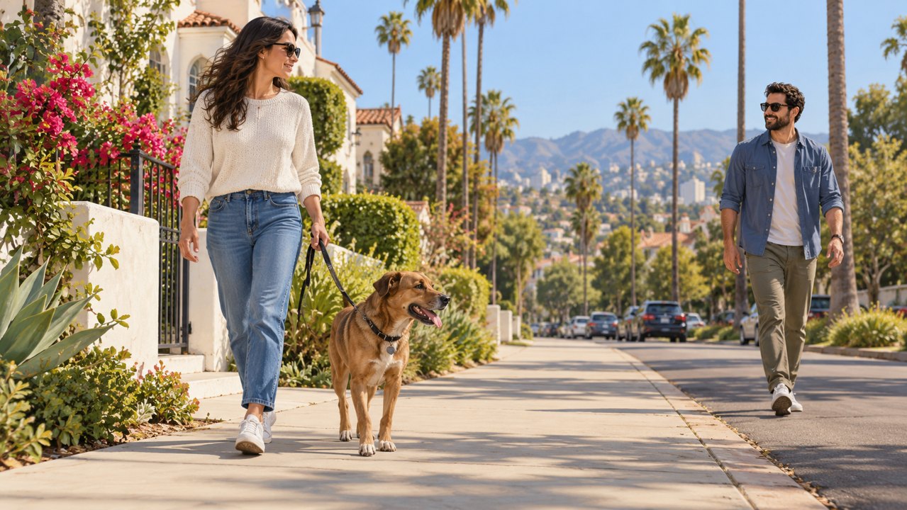California Dog Bite Law and Owner Liability Illustration of a leashed dog and its owner on a California neighborhood sidewalk