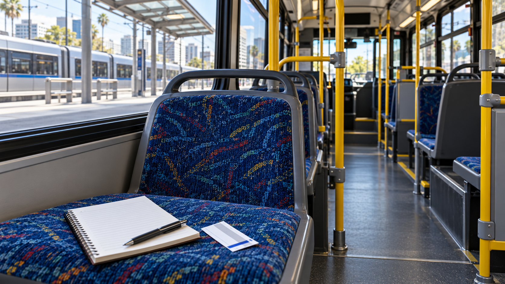 California Bus and Train Injury Claims and Evidence Illustration of an empty public bus with handrails, a notebook and a transit ticket on a seat