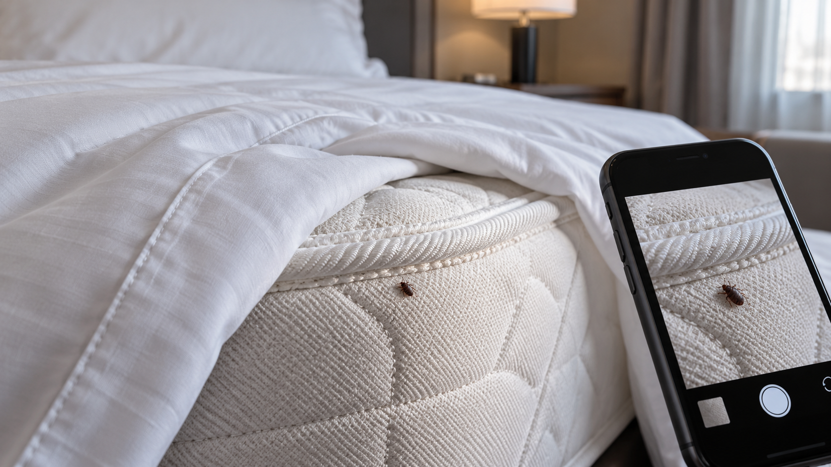 Illustration of a suspected bed bug at a mattress seam being documented with a smartphone