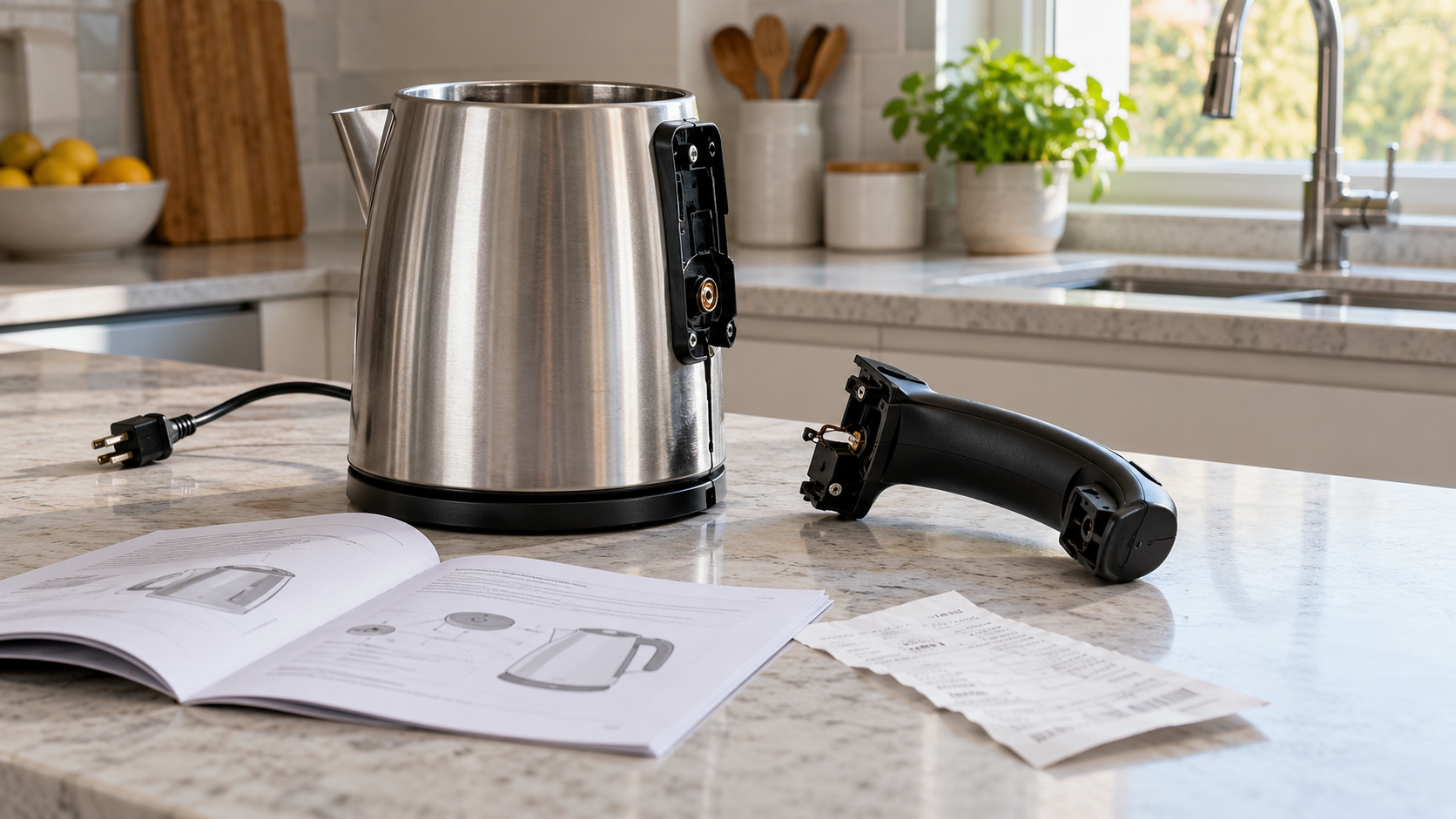 Product Injury During Correct Use – California Illustration of an unplugged electric kettle with detached handle beside instructions and a receipt