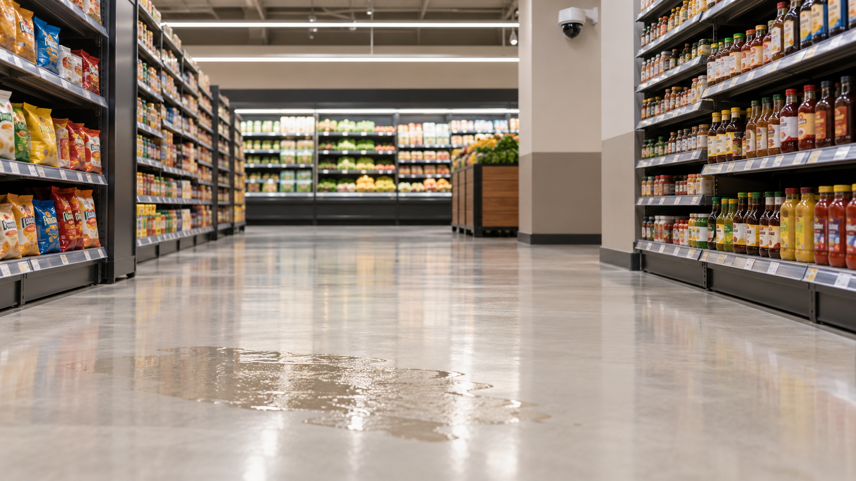 California Fall Without Eyewitnesses — Evidence and Surveillance Illustration of a wet grocery aisle beneath a security camera, with no eyewitness present