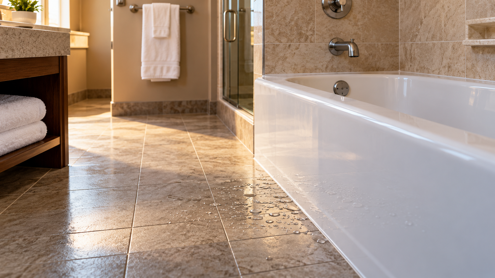 California Hotel Bathroom Injury Conditions Illustration of water droplets on a hotel bathroom floor beside a bathtub