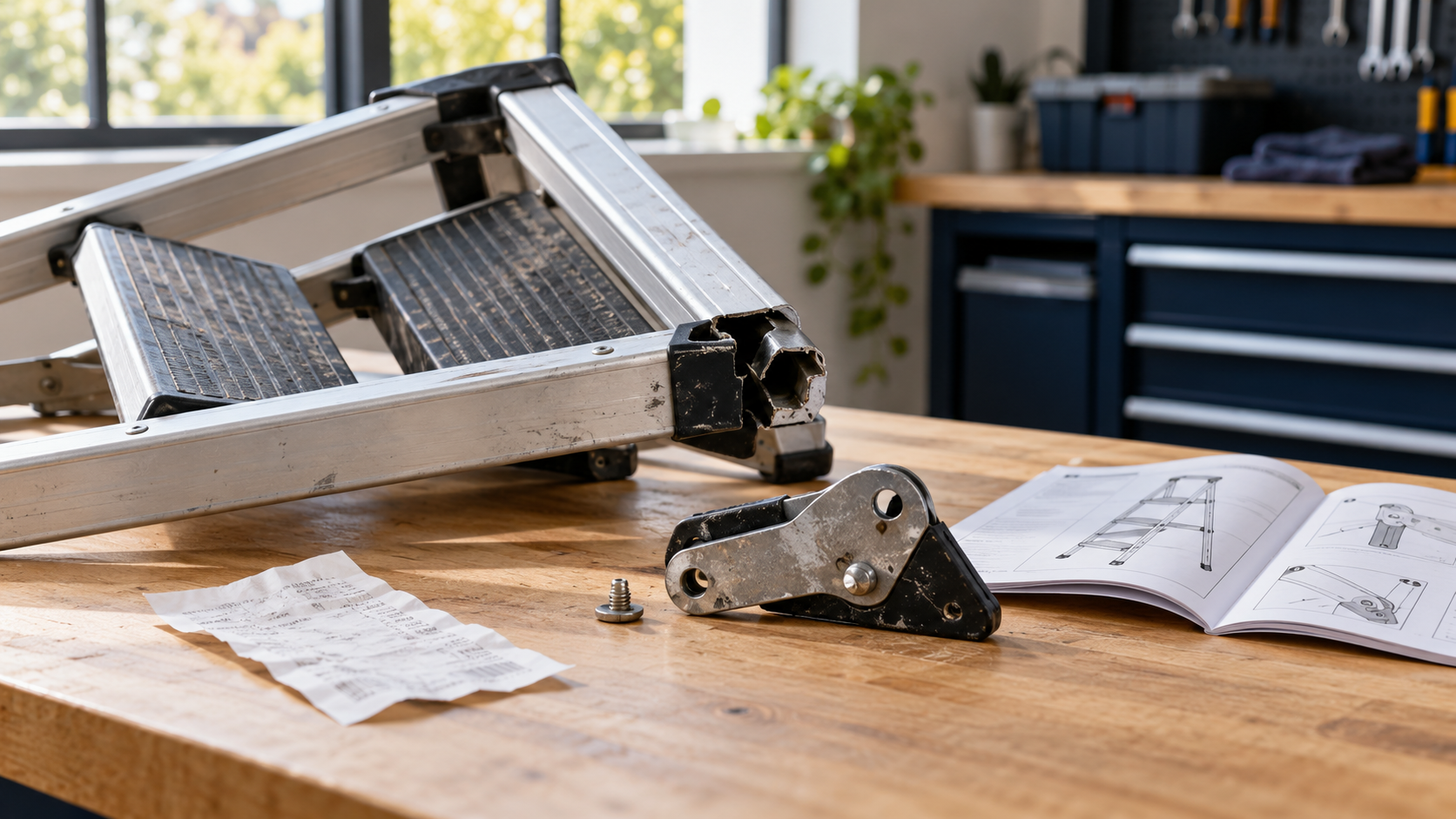 Preserve Defective Product Evidence in California Illustration of a broken folding ladder, detached hinge, receipt and instructions preserved on a workbench