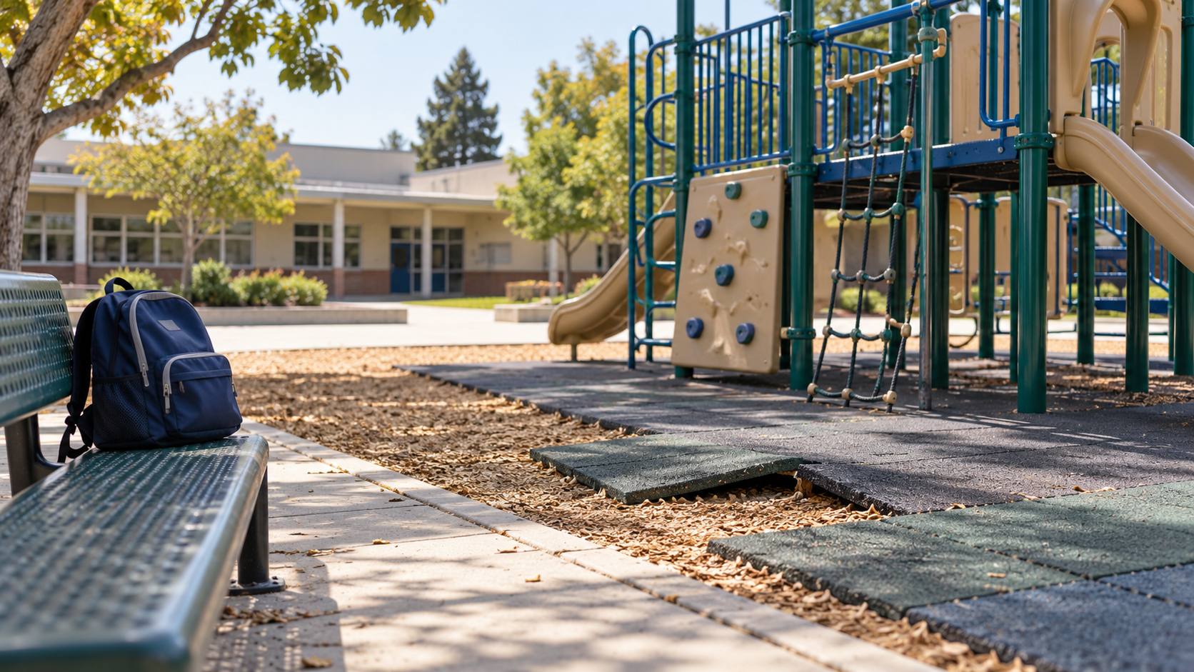 Illustration of an empty school playground with uneven protective surfacing and a backpack on a bench
