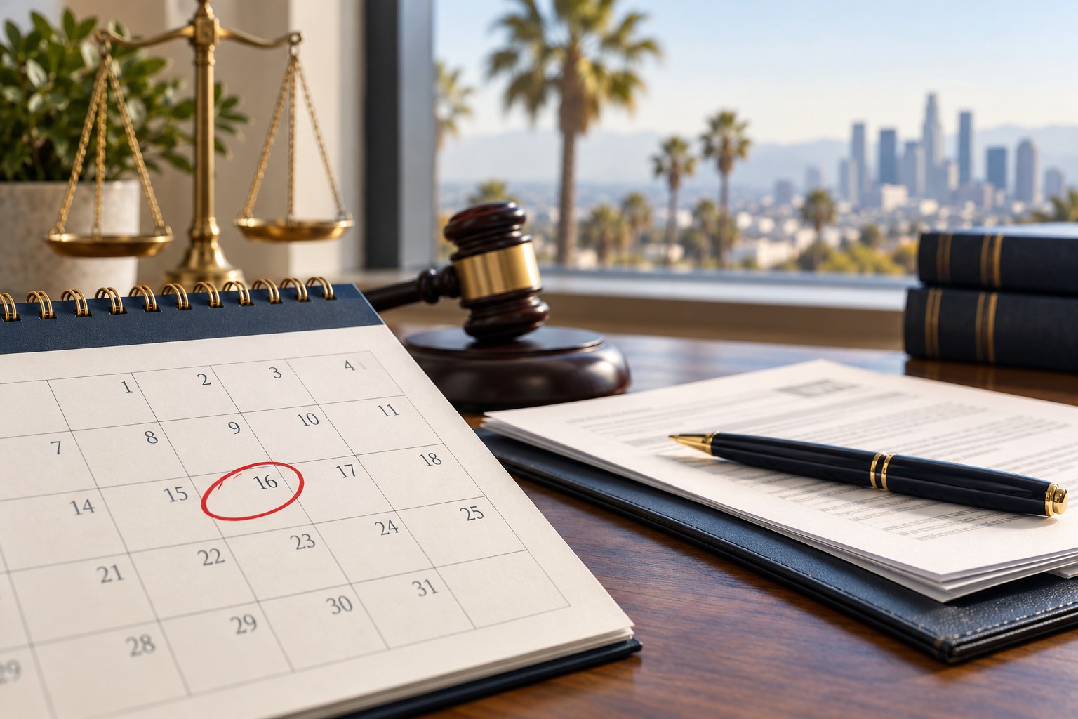 California Injury Filing Deadlines and Exceptions A circled calendar date beside legal documents and a pen.