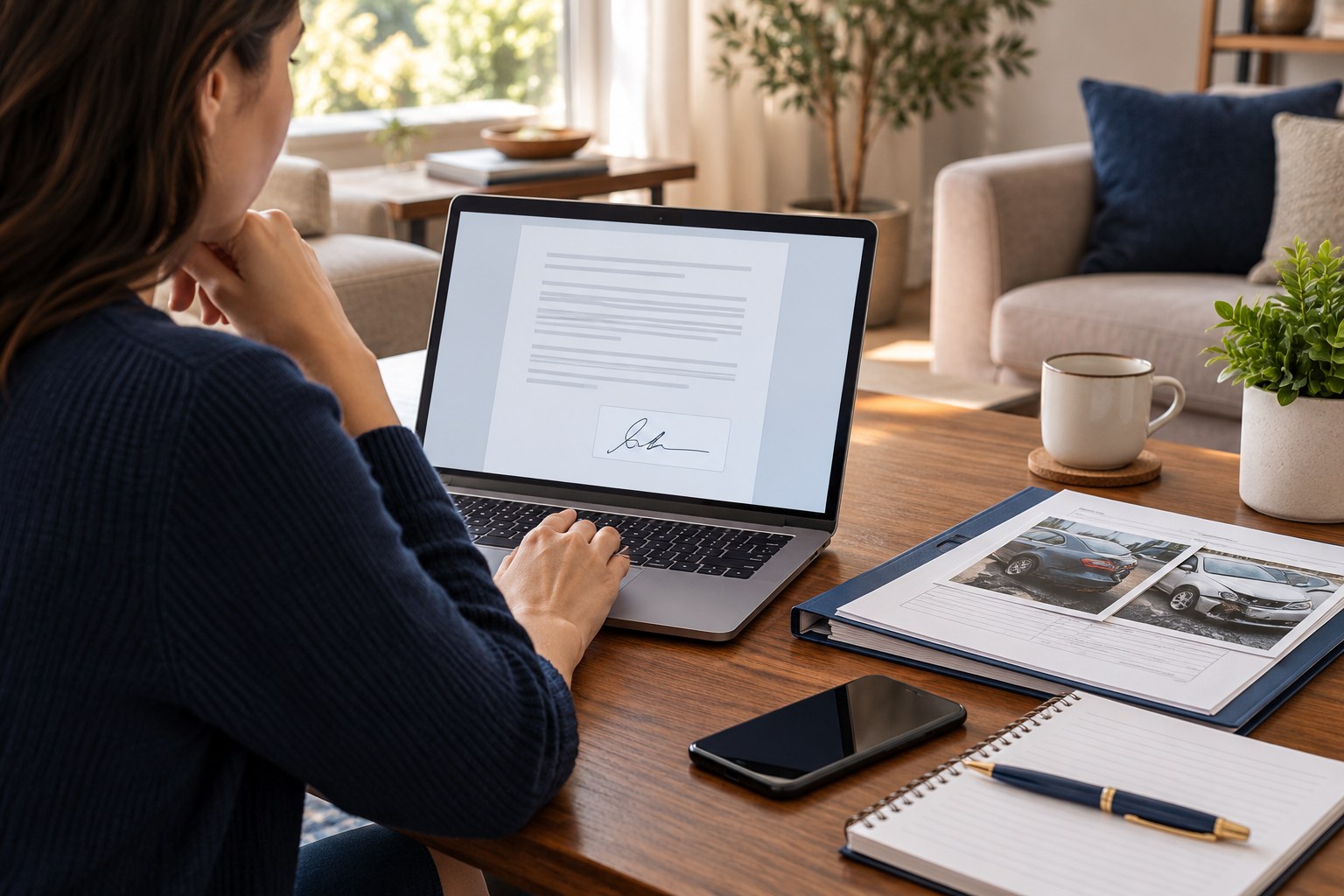 How to Hire Our California Personal Injury Firm A person reviews an electronic agreement on a laptop beside organized accident records.