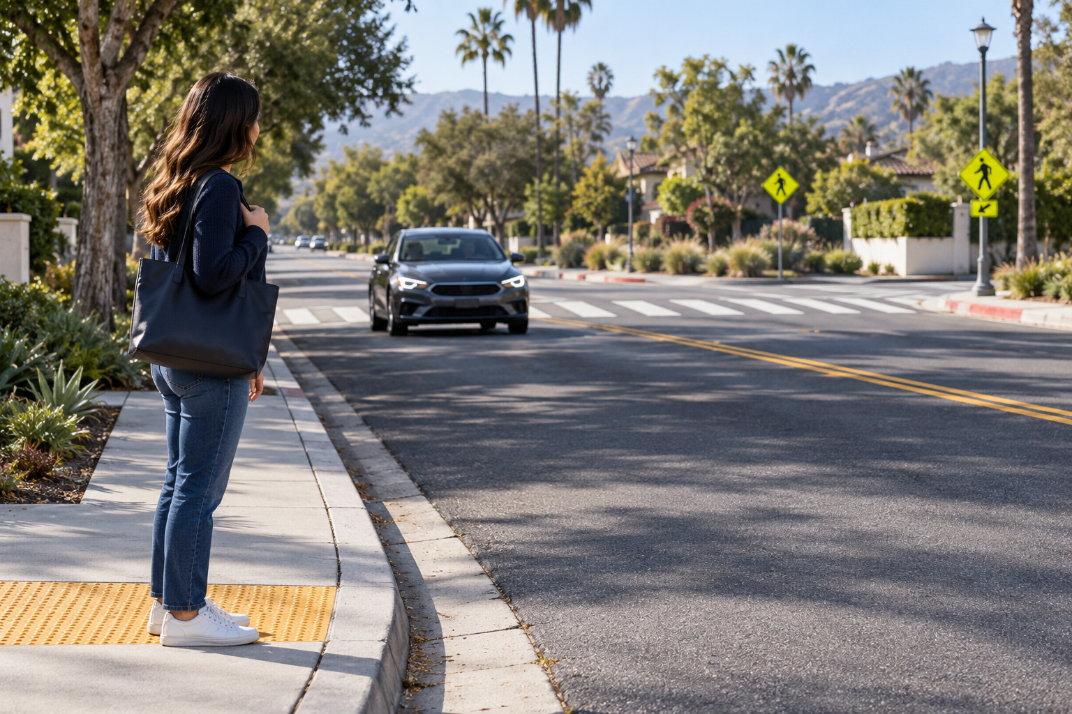 Hit Outside a Crosswalk in California Illustration of a pedestrian waiting at a curb with a car and marked crossing farther along the street