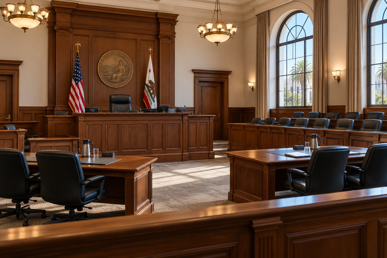 Empty courtroom with counsel tables and jury seating