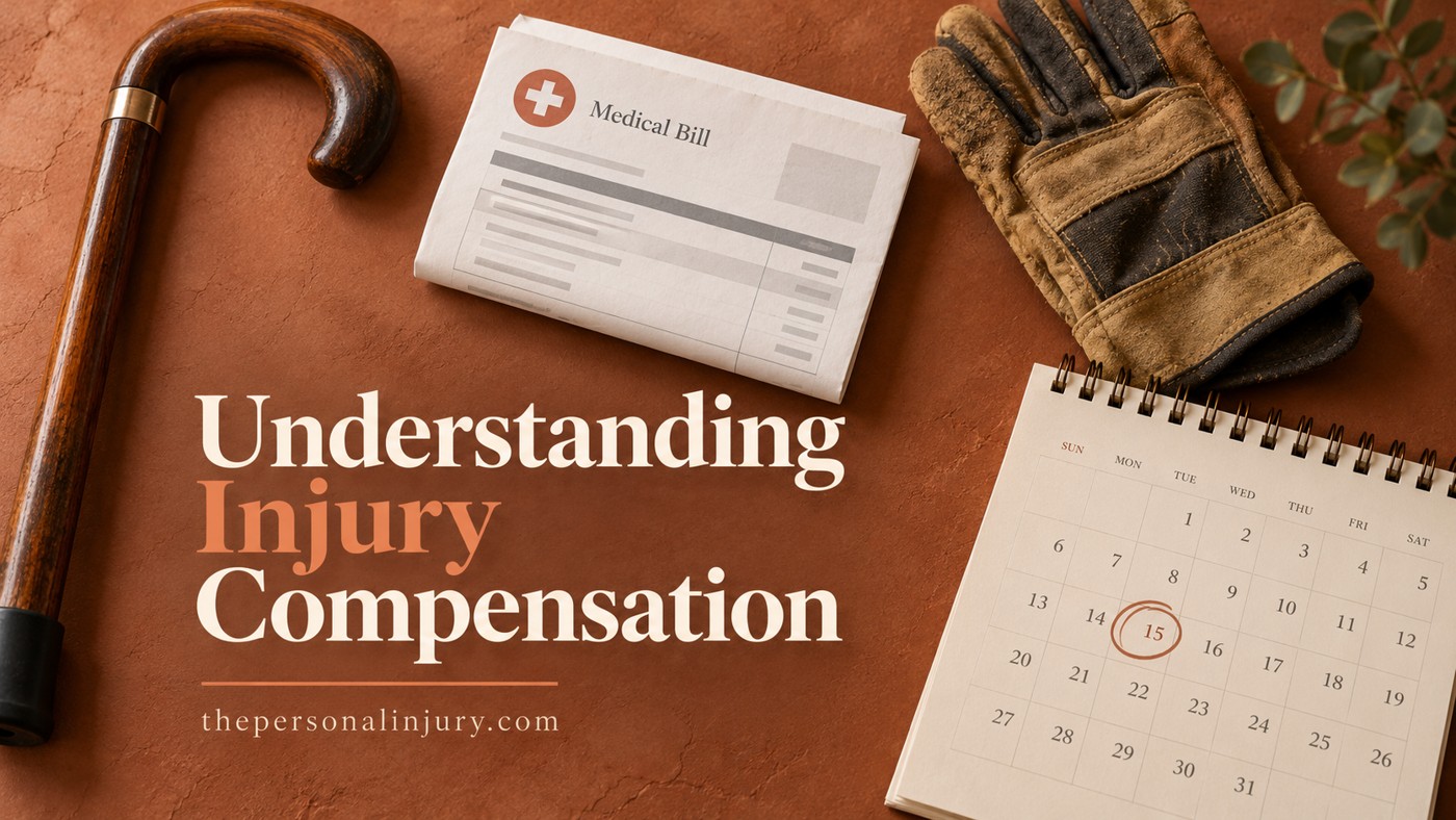 California Injury Claims: Responsibility, Losses and Proof Cane, medical bill, work glove and calendar representing injury losses
