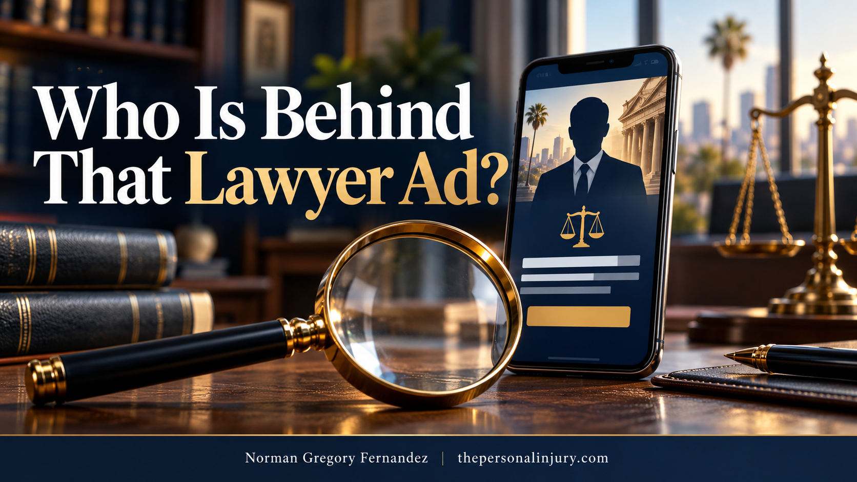 Smartphone with a generic legal advertisement and magnifying glass, with the headline Who Is Behind That Lawyer Ad?