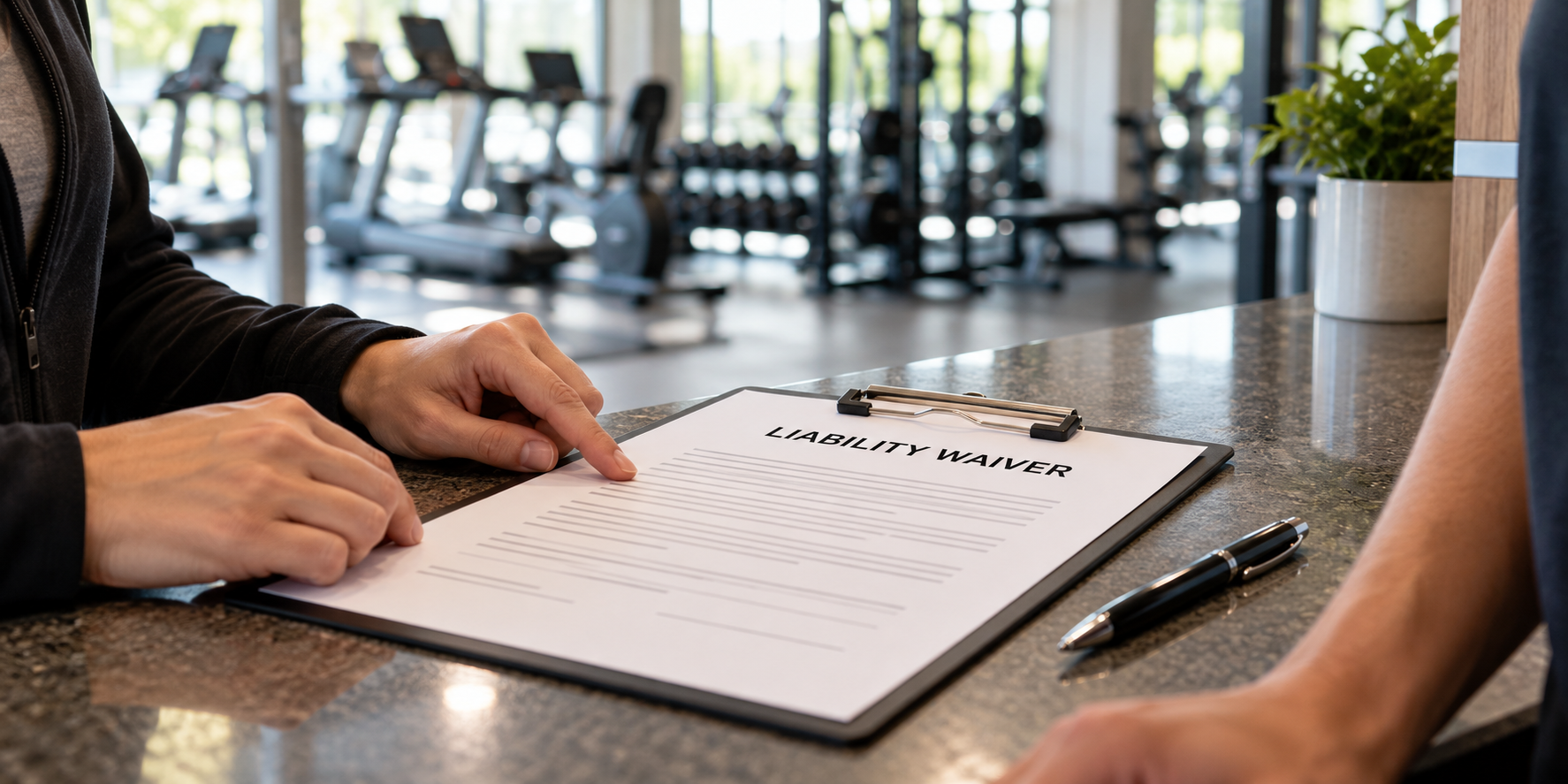 Liability Waiver and California Injury Claims Hands reviewing a liability waiver on a clipboard at a gym reception counter
