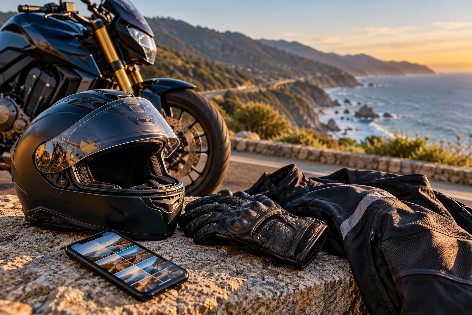 Motorcycle helmet, gloves and jacket preserved beside a motorcycle on the California coast.
