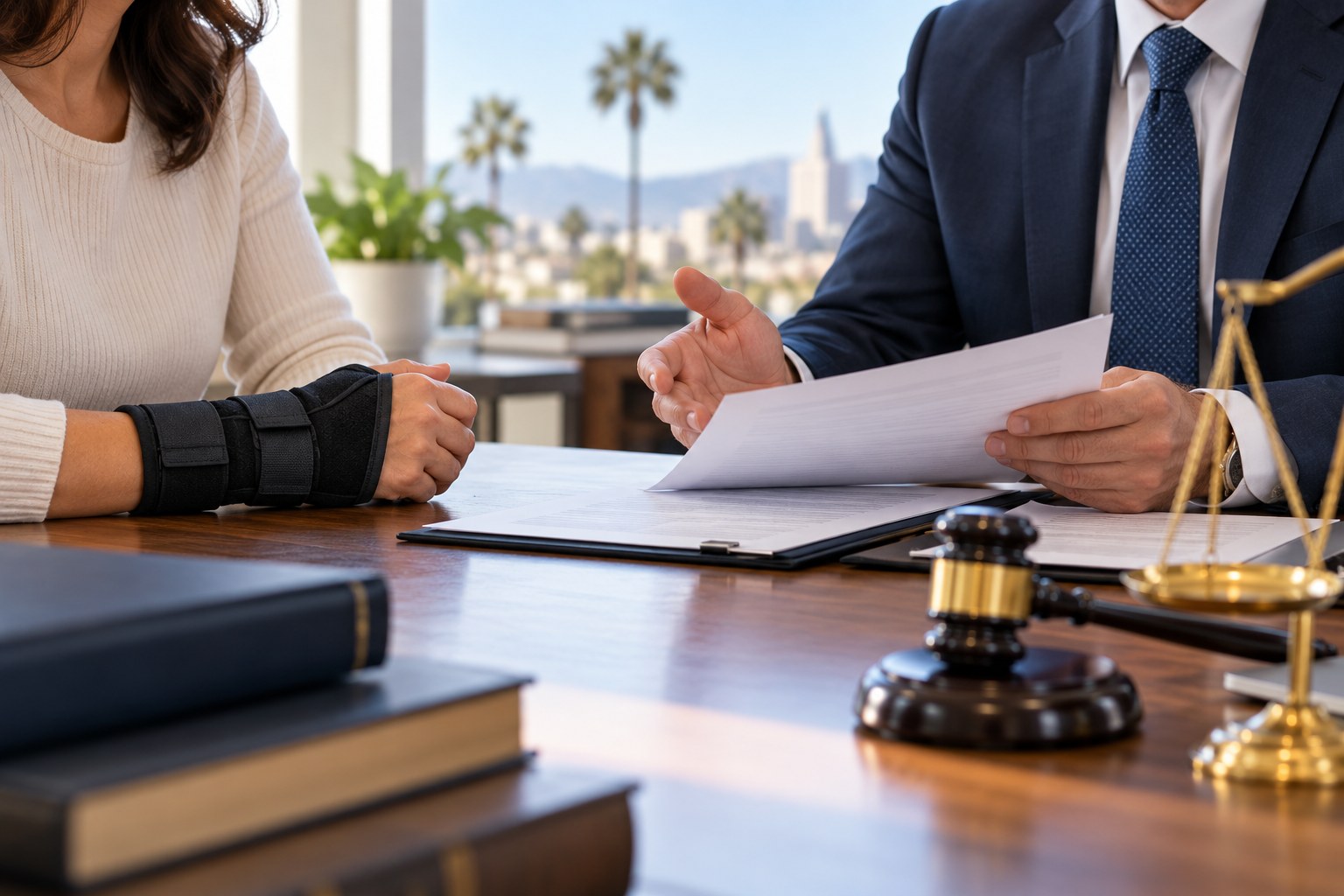 An injured adult reviews documents during a consultation with an attorney.