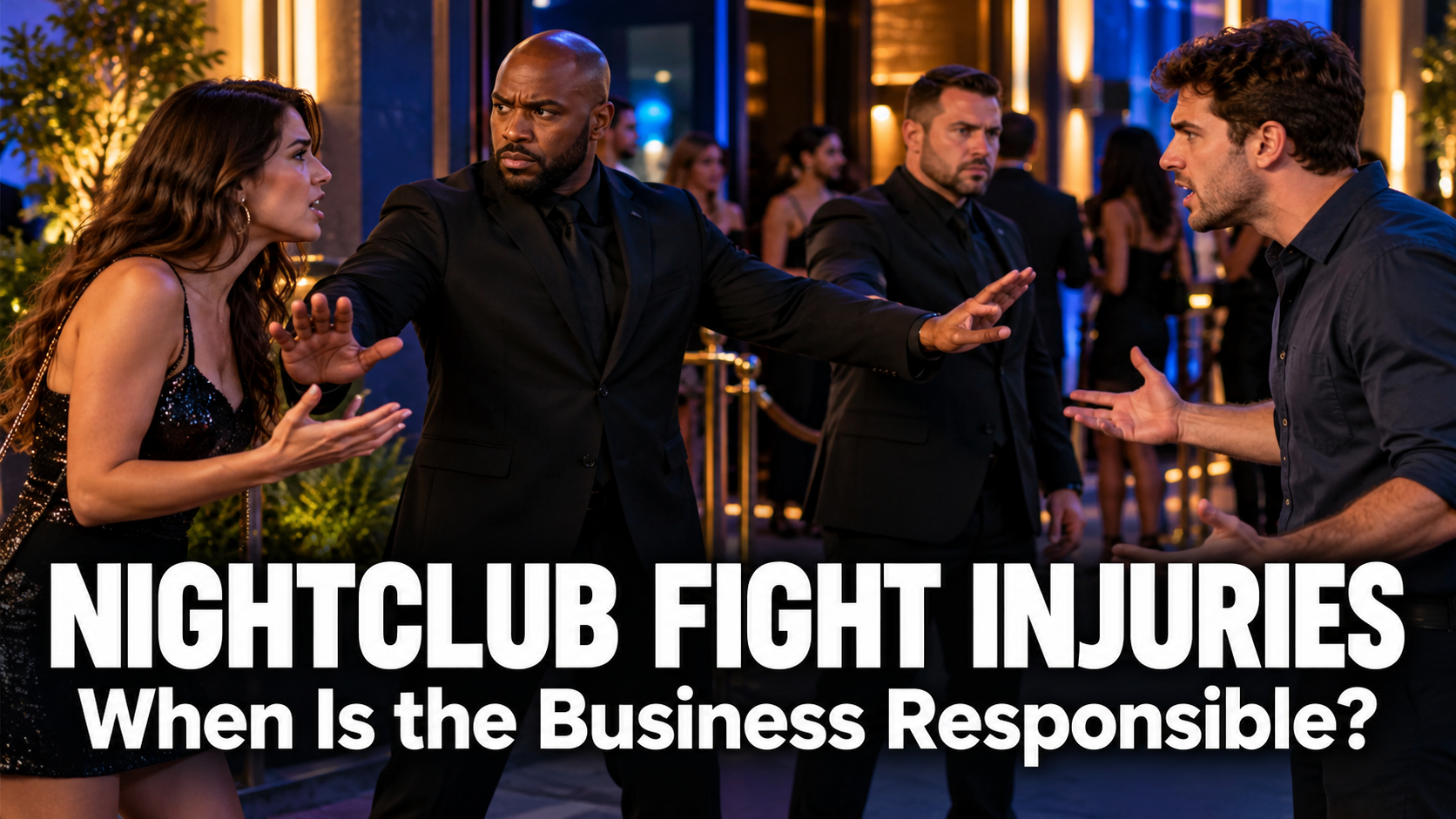 Nightclub Fight Injuries and California Security Liability Illustration of security staff separating arguing patrons outside a nightclub.