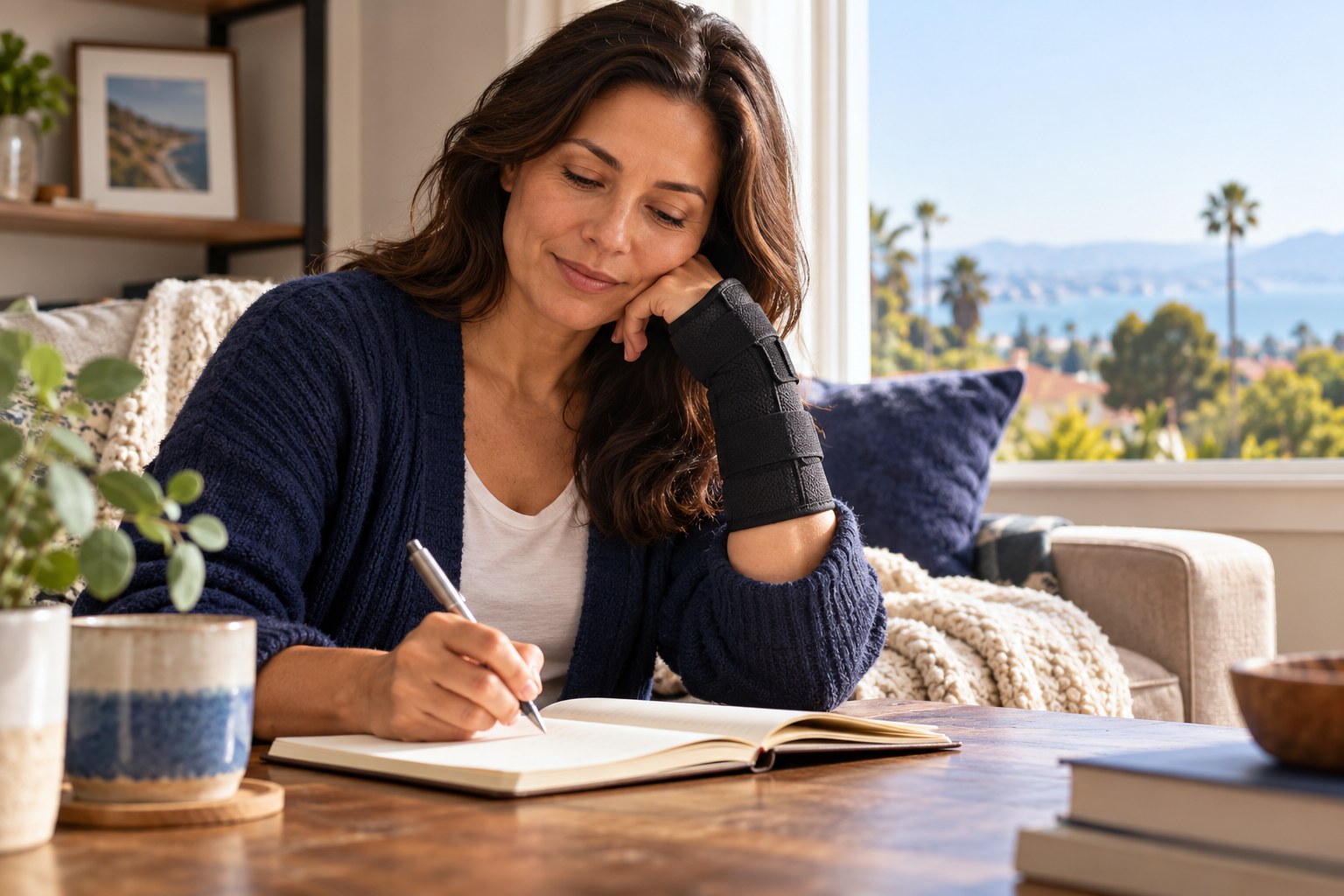 Pain and Suffering in California Injury Claims An adult with a wrist brace writes in a recovery journal at home.