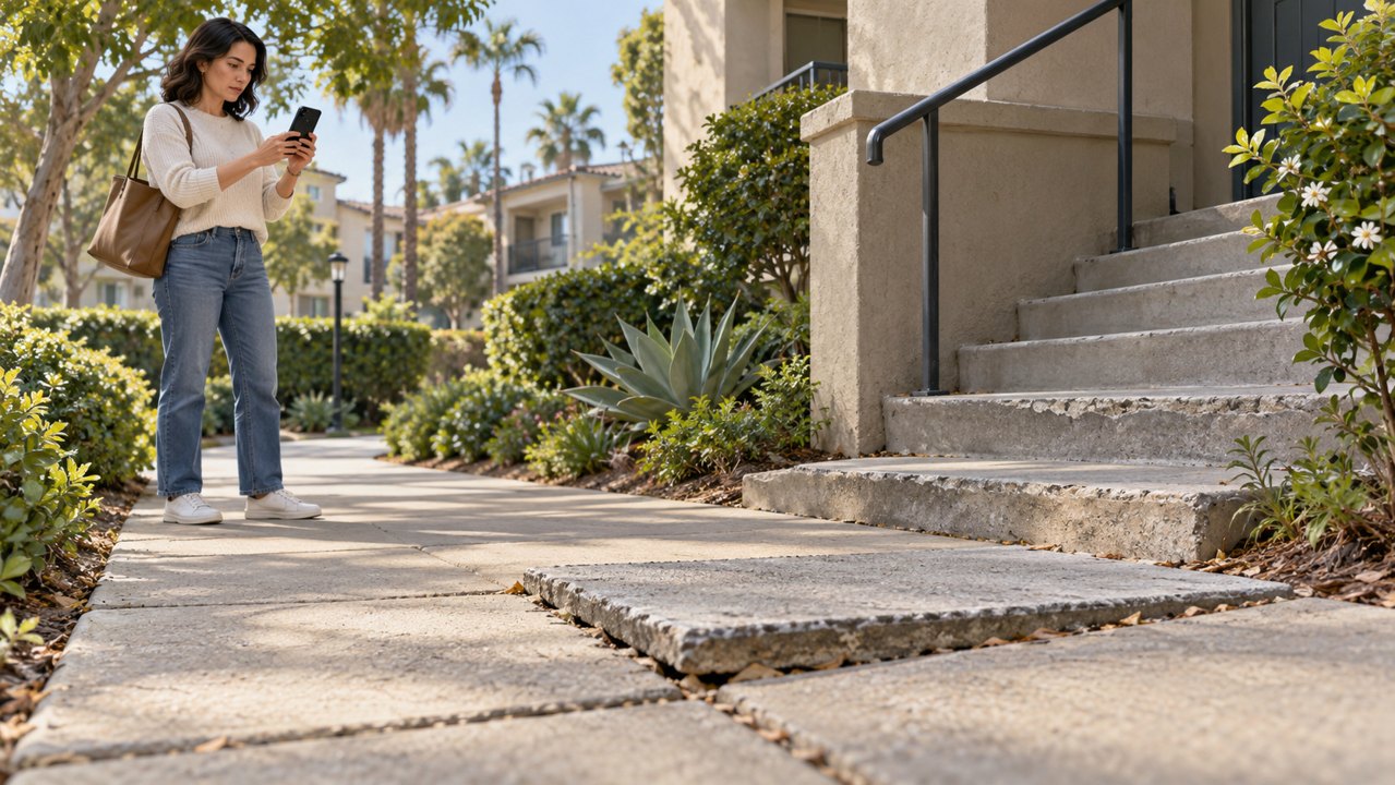 Illustration of a person photographing uneven paving and worn entrance steps at a California property
