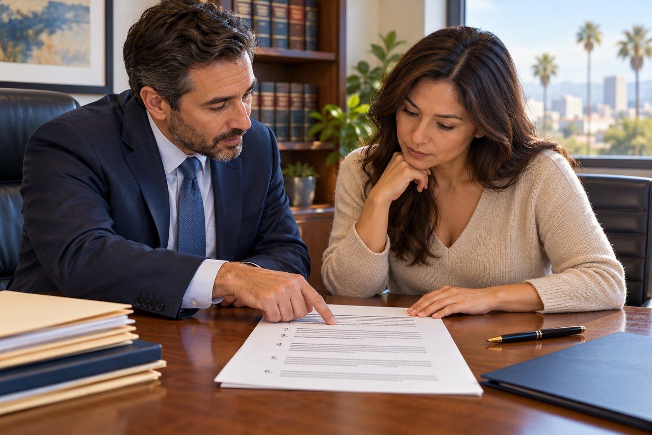 Illustration of an attorney and client carefully reviewing numbered requests for admission