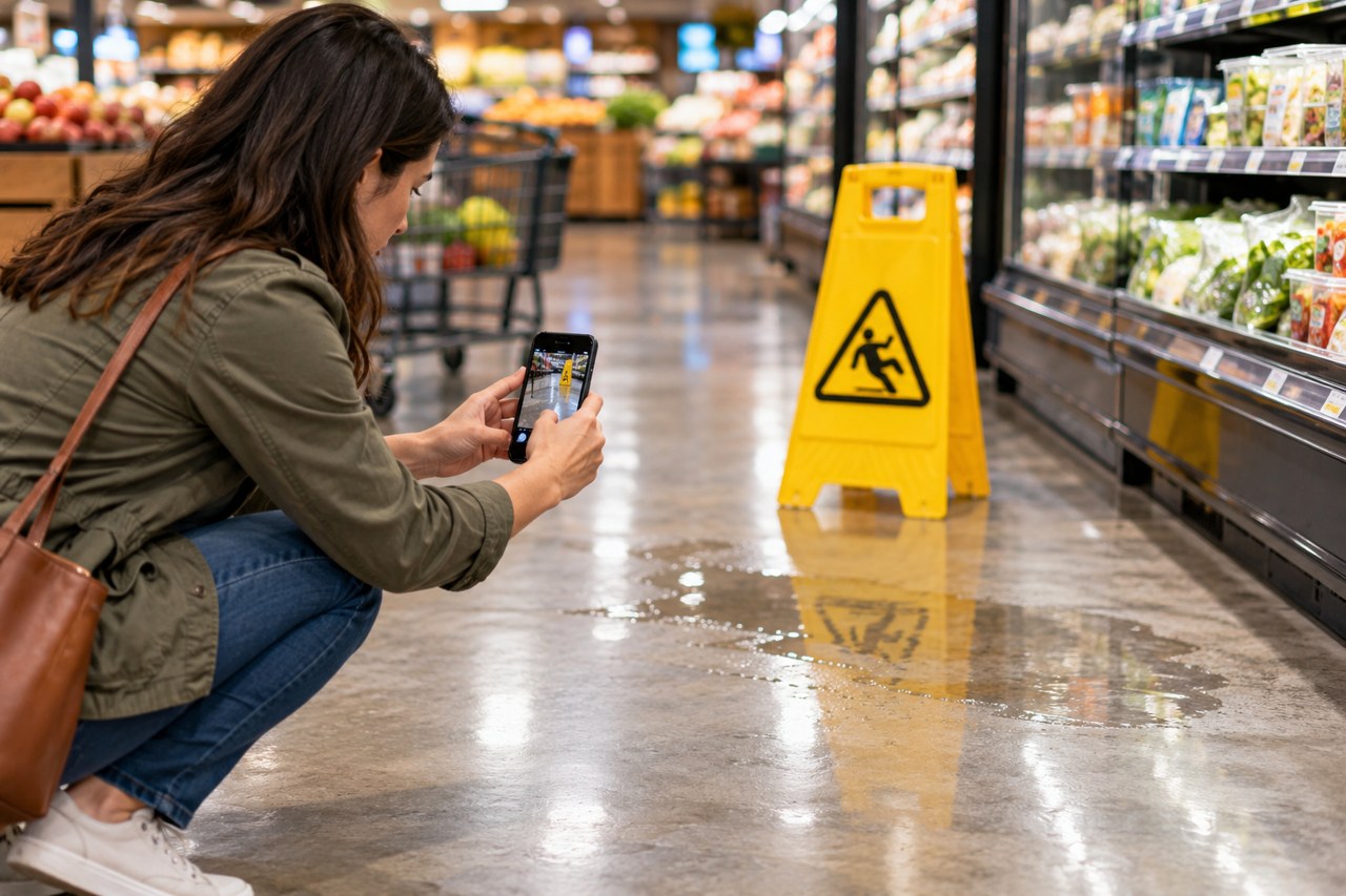 California Slip and Fall Mistakes to Avoid Shopper documenting a grocery aisle hazard with a phone