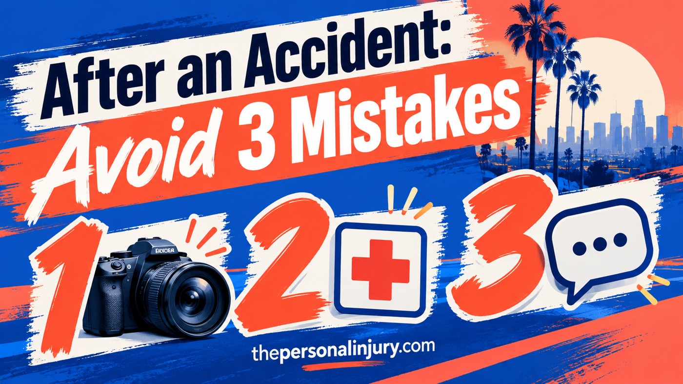 Three Post-Accident Mistakes: Evidence, Care and Calls Three numbered symbols for evidence, medical care and insurance communication