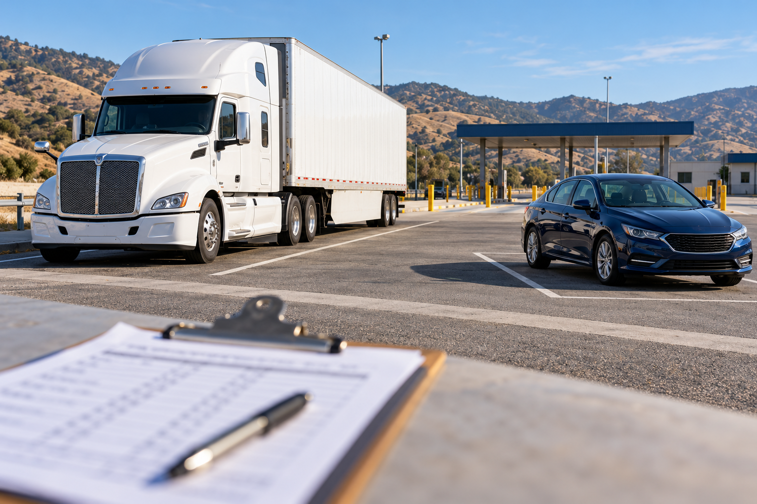 Truck vs Car Accident Claims in California Illustration of a commercial tractor trailer and passenger sedan at a roadside inspection area