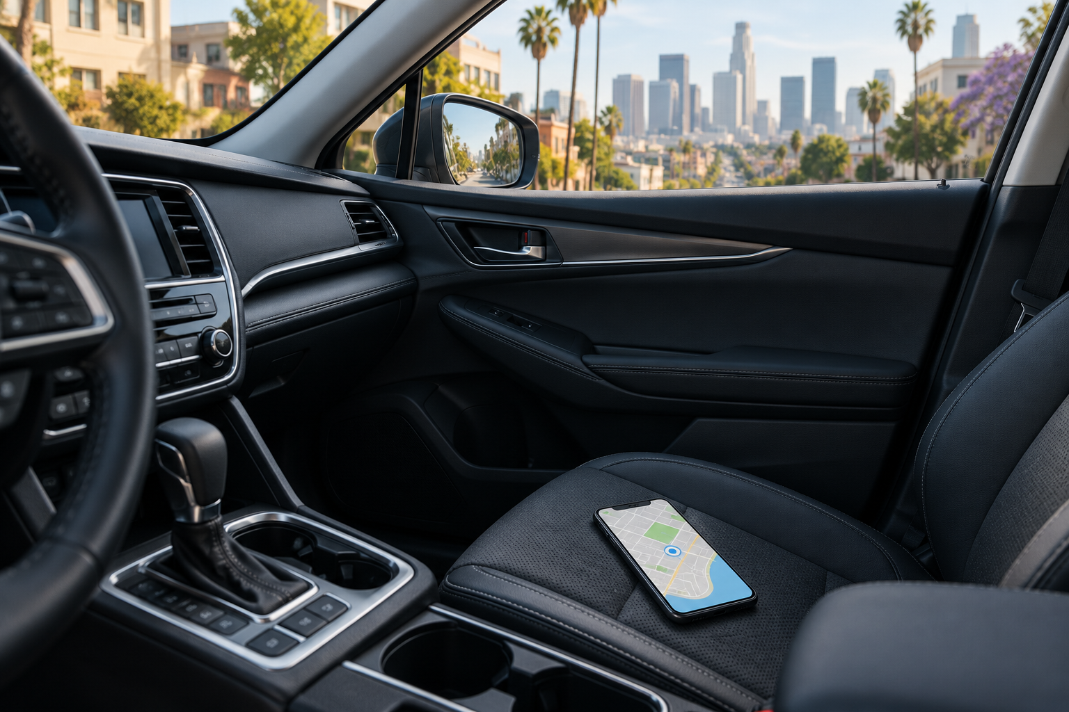 Illustration of a smartphone map on the passenger seat of a parked car