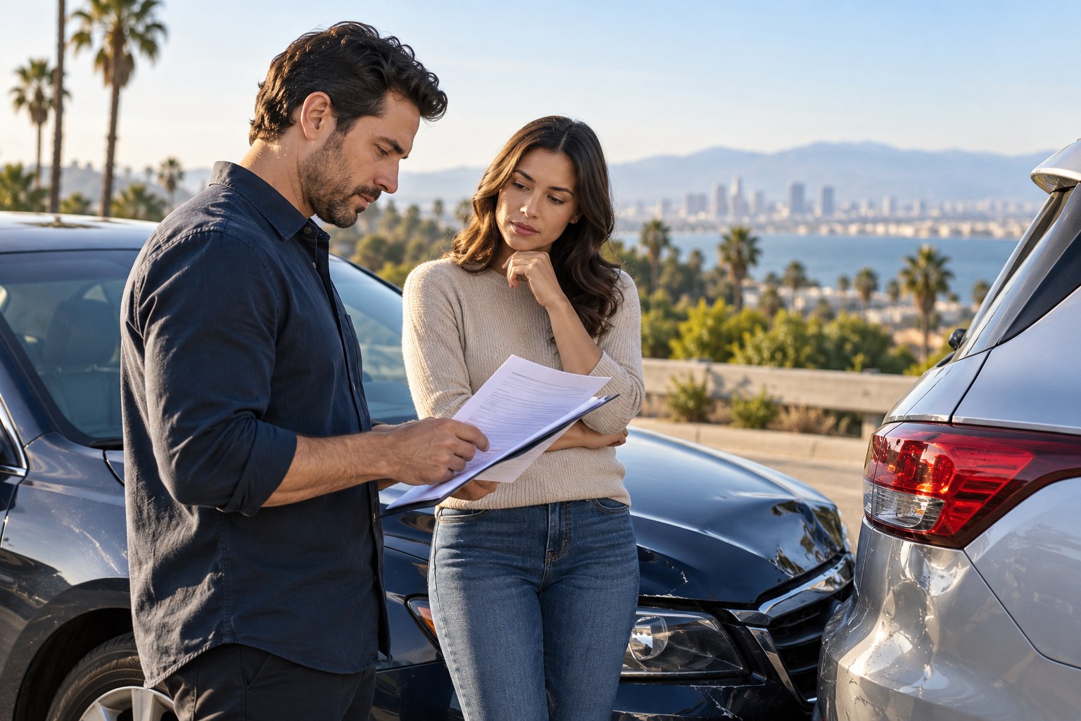 Two drivers review paperwork beside parked cars after a collision.